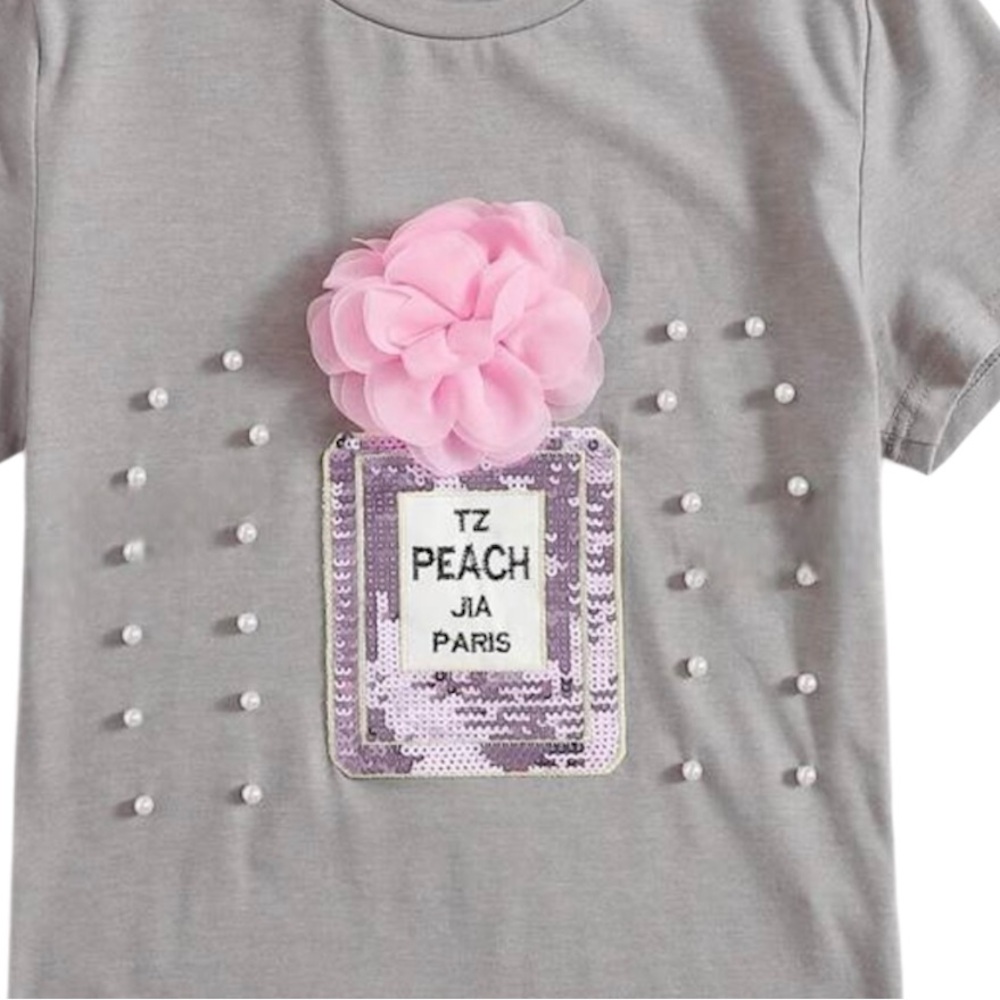 Sequin pearl T perfume bottle shirt embellished top flower gift bride bridal M 6
